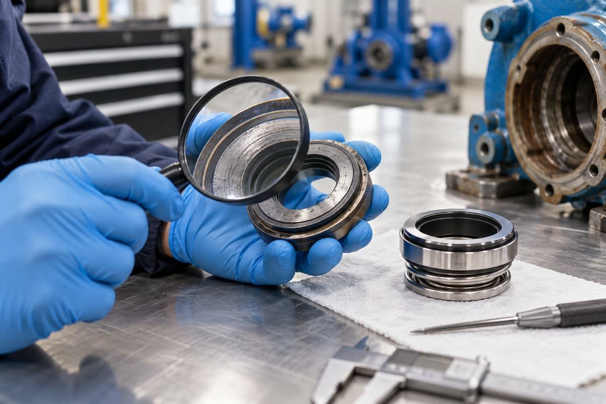 Worn mechanical seal faces next to a new seal